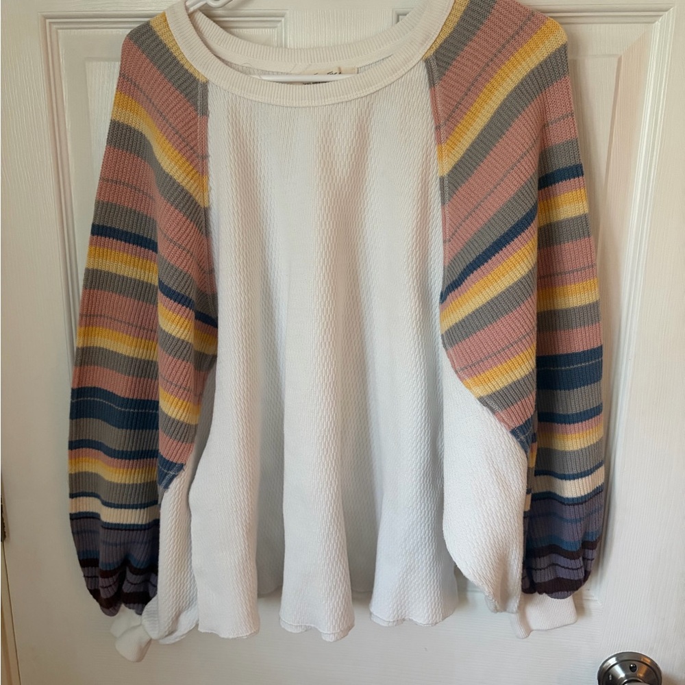 We The Free White Pullover with Multicolor Striped Raglan Sleeves